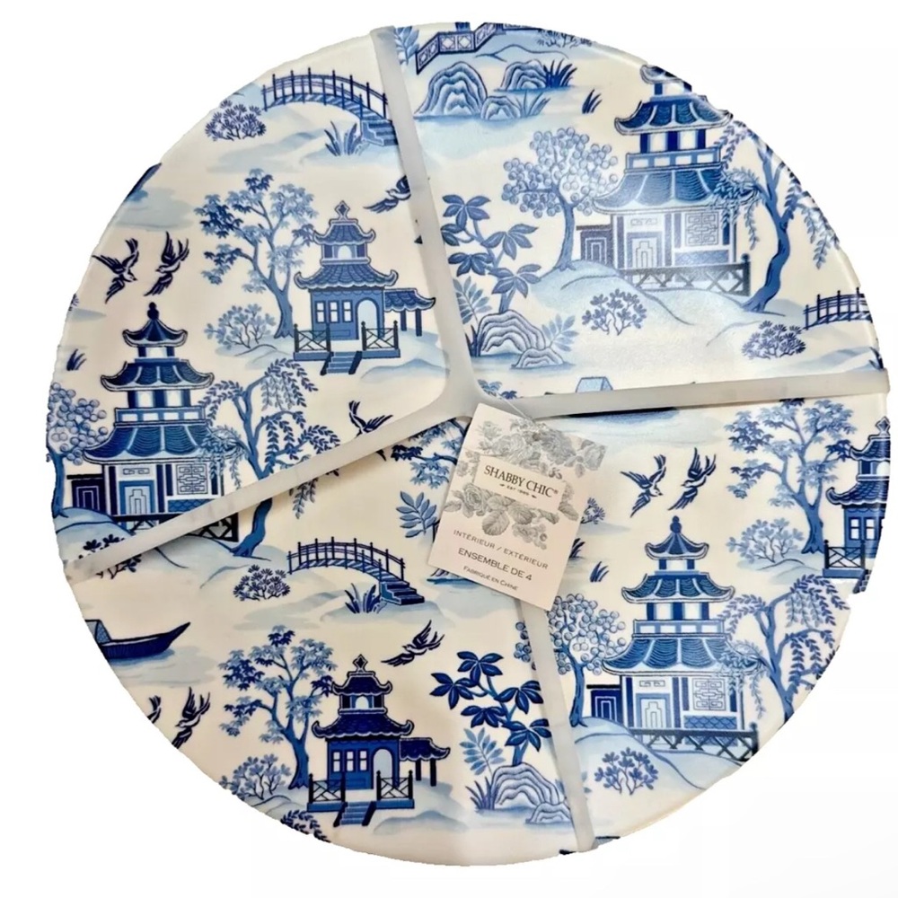 Shabby Chic Melamine Chinoiserie Blue Willow 11” Dinner Plates Set of 4 NWT